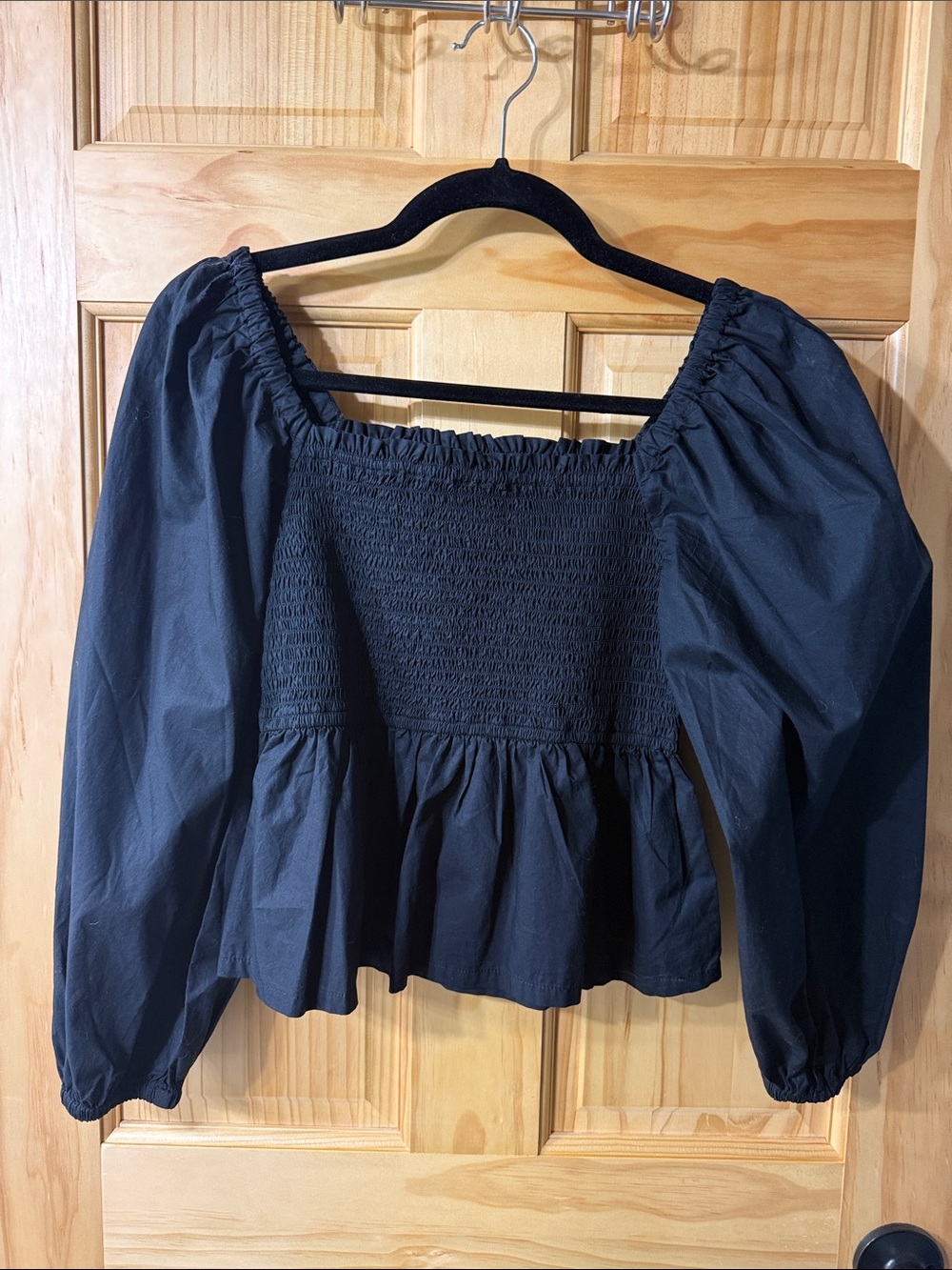 JCrew Smocked Square-Neck Black Peasant Blouse